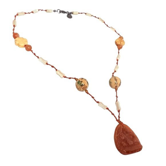 VTG Belle Costes Carved Carnelian Pendant Necklace 20" Bohemian Boho Chic - Picture 7 of 13